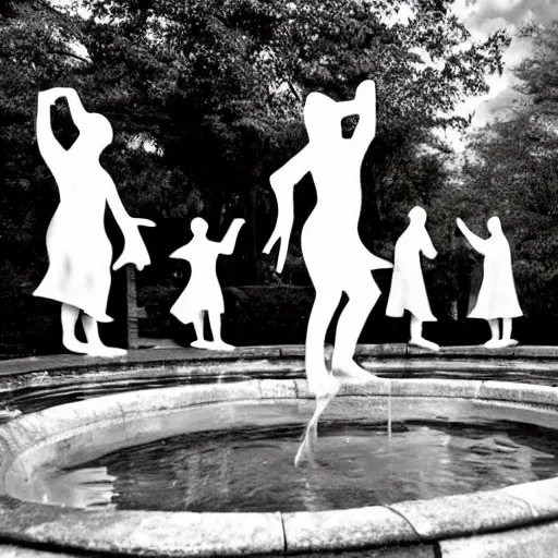 Image similar to the ghosts of the past, present and the future dancing around the fountain of youth and wisdom