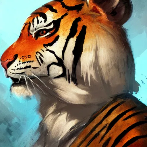 Image similar to portrait male anthro tiger dressed in military clothes character full body precis no blur, concept art, character sheet, nier automata, gaston bussiere, greg rutkowski, tsutomu nihei, cyberpunk, trending on artstation, featured on pixiv, hyper detail, cinematic composition, 8 k