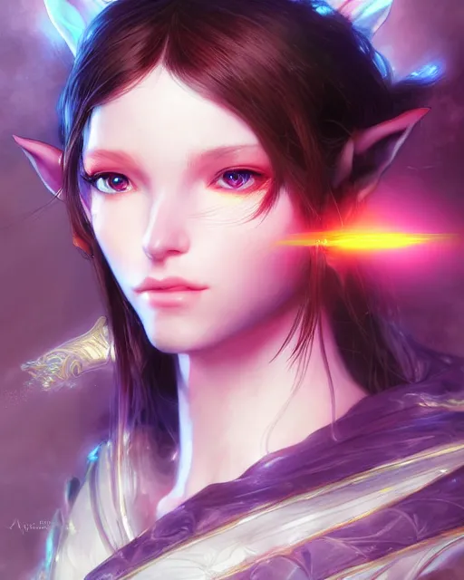 Image similar to portrait of elf, beautiful, fantasy, colorful, cinematic lighting, artstation, trending, highly detailed, focus, smooth, by hirohiko araki and yoshitaka amano