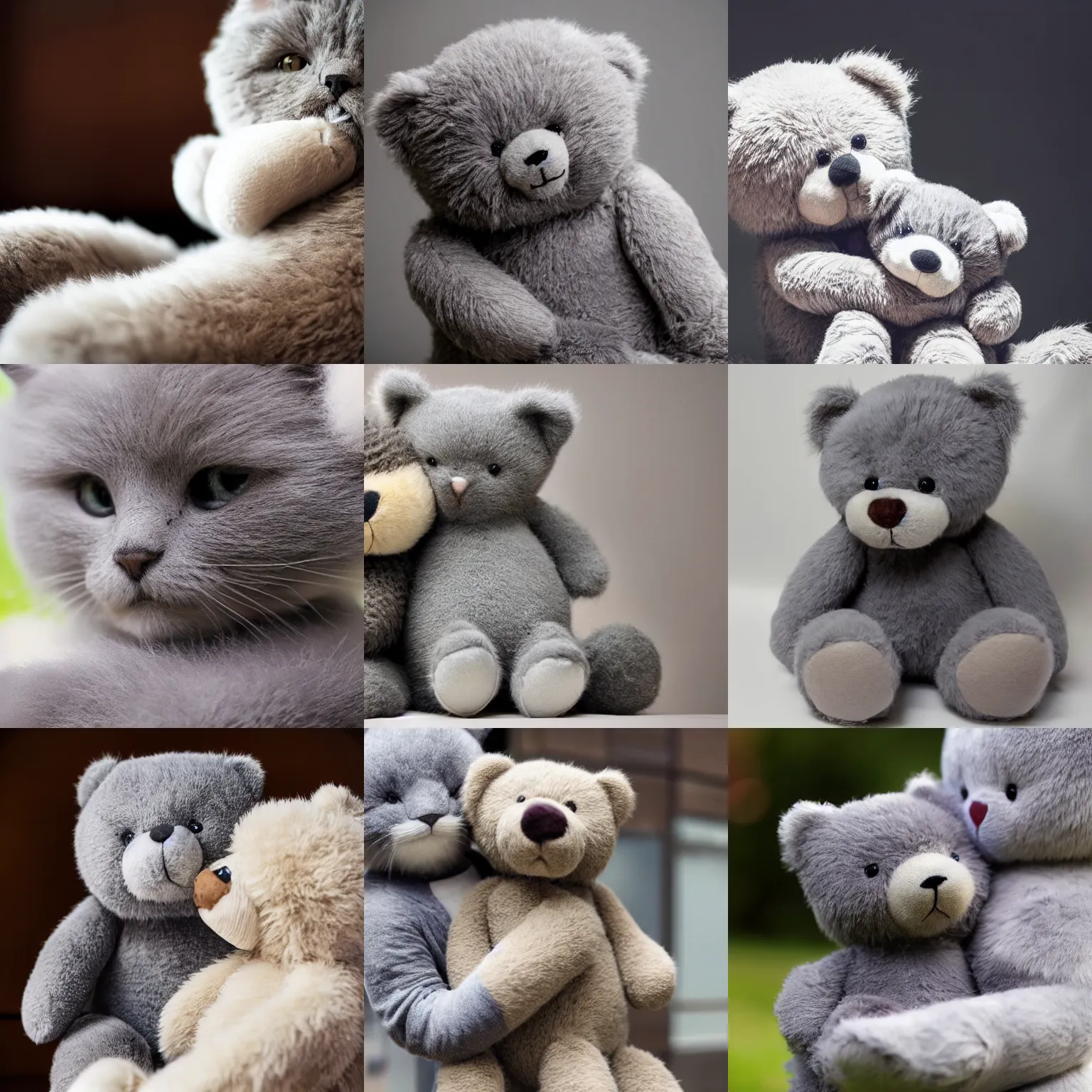 Prompt: Fluffy cute british gray cat hugging a teddybear, hd, award winning, 4k