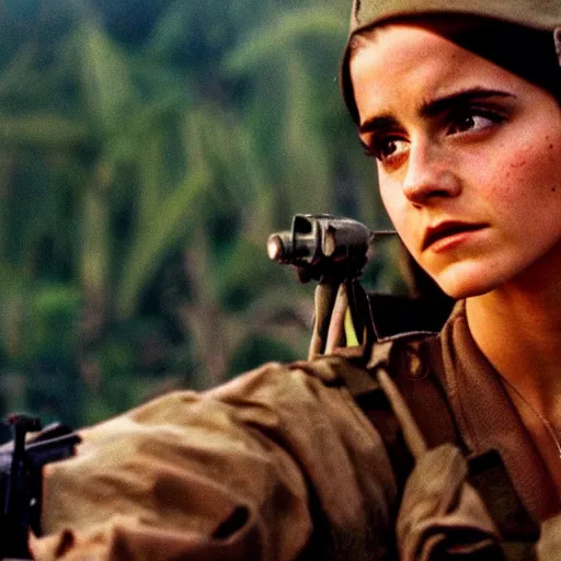 Image similar to film still, extreme far view, emma watson vietnam door gunner, film still from apocalypse now ( 1 9 7 9 ), 2 6 mm, kodak ektachrome, blue tint expired film,