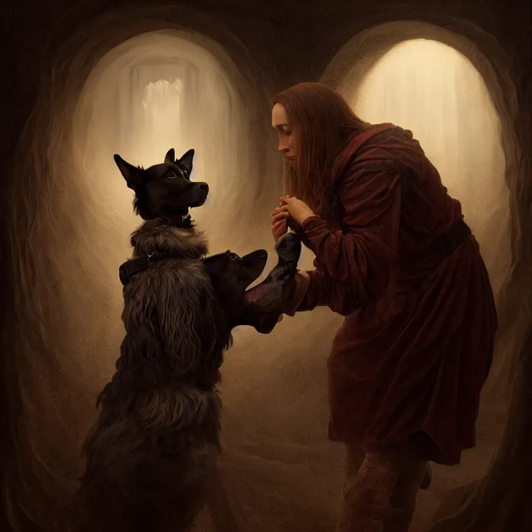 Image similar to renaissance professional digital art of a traveler with a faithful dog, symmetrical face, atmospheric lighting, painted, complex, detailed, detailed, foreboding, mysterious, leesha hannigan, wayne haag, reina rocin, ignacio fernandez rios, mark ryden, iris van herpen, epic, stunning, magnificent, very wow, cinematic, masterpiece.