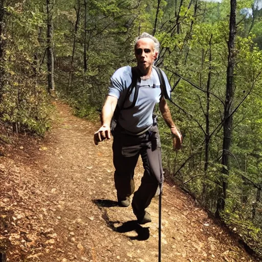 Prompt: Jordan B Peterson, Hiking in appalachia, chased by a bear