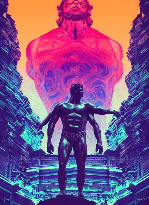 Prompt: statue of hercules, beeple, android jones, dan mumford, vaporwave, retrowave, black background, neon wiring, black, glitch, strong contrast, cuts, pinterest, trending on artstation