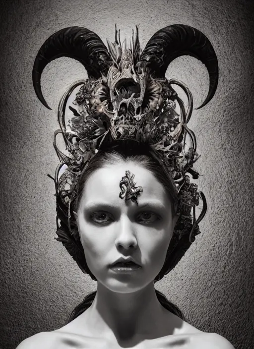 Image similar to a portrait of female by stefan geselle and nekro borja, photorealistic, intricate details, hyper realistic, fantasy, elegant, baroque, horn, ram skull headpiece, photorealistic, photography, symmetrical features, symmetrical pose, wide angle shot, feet on the ground, wearable art, unreal engine, cinematic lighting