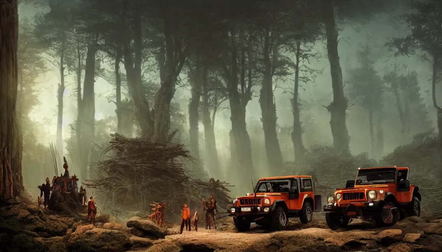Image similar to Mahindra thar, tribe members watching nearby, an epic fantasy, dramatic lighting, cinematic, establishing shot, extremely high detail, photorealistic, shot on red camera, cinematic lighting, matte painting, artstation, by simon stalenhag, horizon fobidden west