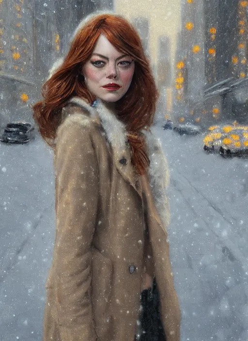 Image similar to emma stone in beige coat, close up portrait, winter new york, snow, artwork by gaston bussiere, craig mullins, trending on artstation