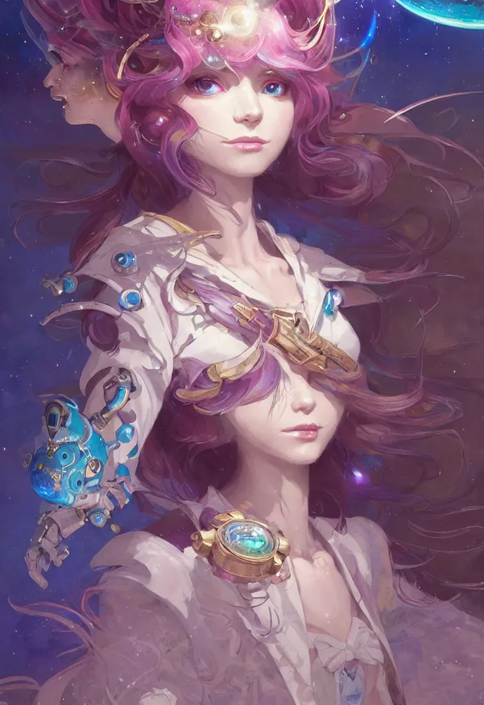 Image similar to close up picture of an maximalist dress magical girl, neat hair with bangs, smug face, extremely beautiful and aesthetic and detailed cute face and eyes, wipe out evils with cute astronaut familiar sprites, aming the magical beams to the camera, chiaroscuro, intricate, masterpiece, epic fantasy illustrations by peter mohrbacher and anato finnstark and jeremy lipking