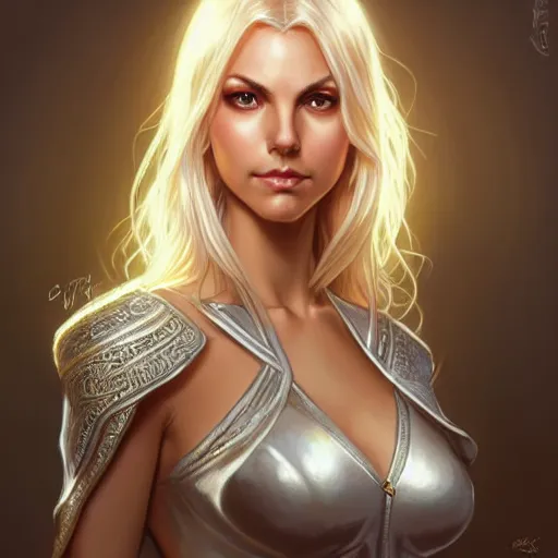 Image similar to Blonde Victoria Justice with hazel eyes as Emma Frost, western, D&D, fantasy, intricate, elegant, highly detailed, digital painting, artstation, concept art, matte, sharp focus, illustration, art by Artgerm and Greg Rutkowski and Alphonse Mucha