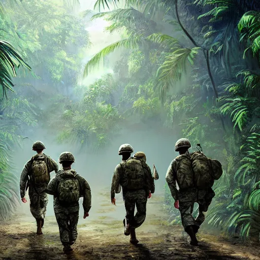 Prompt: Painting of an American soldiers walking through the dense jungles of Vietnam, dim lighting, god rays, trending on artstation, incredibly high detail, 4k resolution, shadows