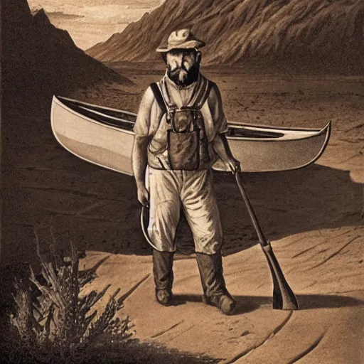 Image similar to 19th century scruffy american trapper, standing next to desert oasis with a canoe, on mars, pulp science fiction illustration