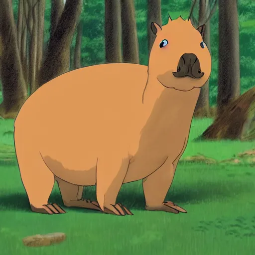 Prompt: happy Capybara in the forest, anime, by Miyazaki
