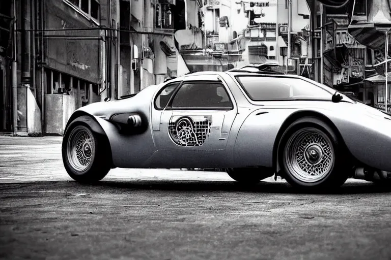 Image similar to 1935 BMW M1 Stratos, city in cyberpunk style by Vincent Di Fate