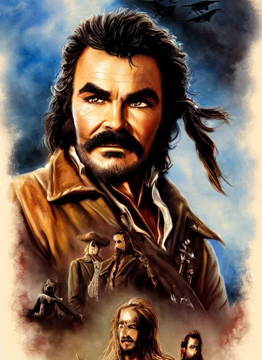 Image similar to a beautiful painting portrait movie poster of burt reynolds in Pirates of the Carribean 6, matte painting, fantasy art, dark but detailed digital art, highly detailed, a masterpiece trending on artstation. Burt Reynolds as a young but messy pirate and layabout in this HD preview poster