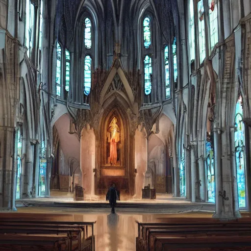 Image similar to angel protecting man who is praying inside a gothic church by Stanley Artgerm Lau, WLOP, Rossdraws, James Jean, Andrei Riabovitchev, Marc Simonetti, Yoshitaka Amano, ArtStation, CGSociety