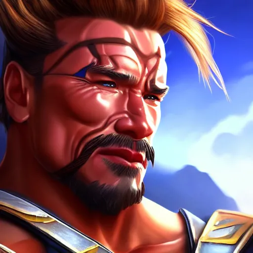 Image similar to a screenshot of arnold schwarzenegger as hanzo in overwatch, portrait, fantasy, beautiful face, vivid colors, elegant, concept art, sharp focus, digital art, hyper - realistic, 4 k, unreal engine, highly detailed, hd, dramatic lighting by brom, trending on artstation