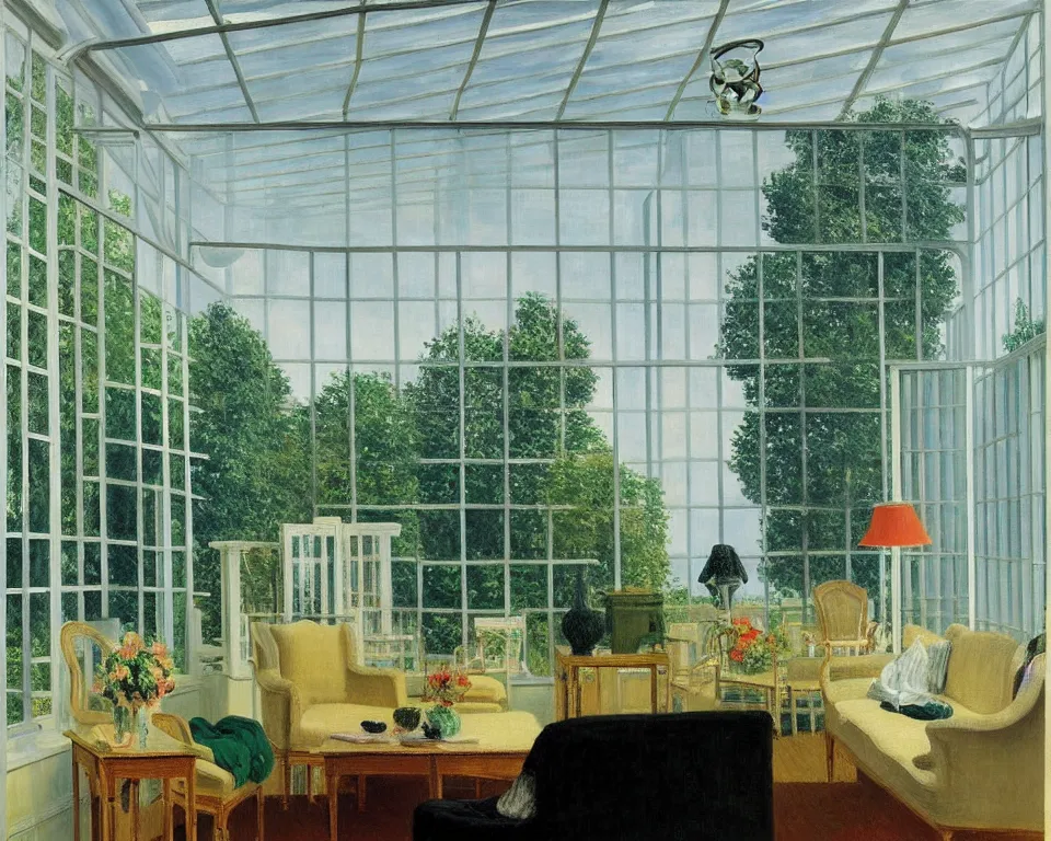 Image similar to achingly beautiful painting of a sophisticated, well - decorated, modern sunroom by rene magritte, monet, and turner.