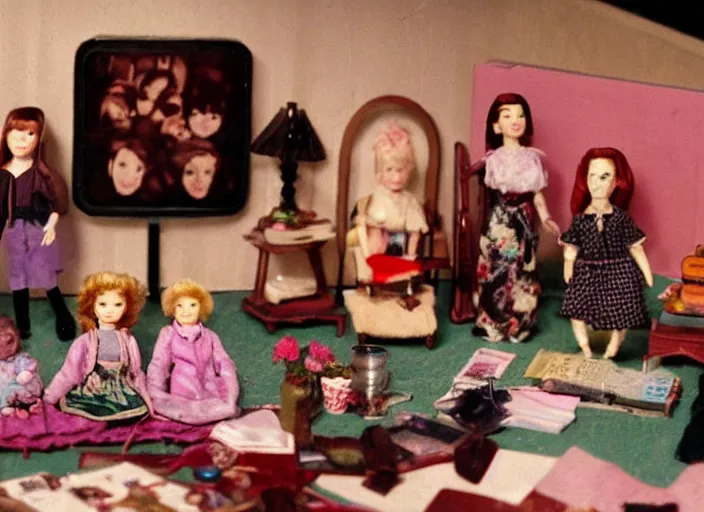 Image similar to Still frame from scene from the retro Twin Peaks consisting of doll miniatures diorama, directed by Nobuhiko Obayashi