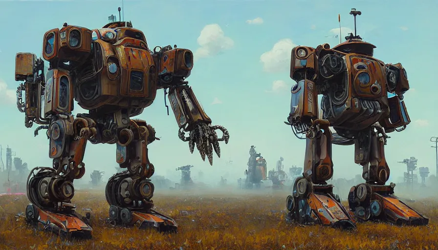 Prompt: an intricate oil painting of a giant scrap metal anime armored tank humanoid mecha with rounded components by simon stalenhag