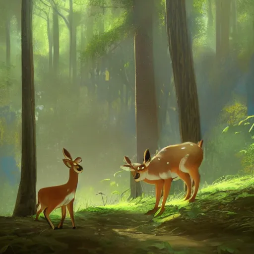 Image similar to concept art painting of an anthropomorphic elderly chubby doe deer wearing yellow robes, in the deep forest, realistic, detailed, cel shaded, in the style of makoto shinkai and greg rutkowski and james gurney