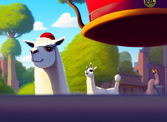 Image similar to a wholesome animation key shot of a llama, wearing a fez, new york zoo in the background, studio ghibli, pixar and disney animation, sharp, rendered in unreal engine 5, anime key art by greg rutkowski, bloom, dramatic lighting