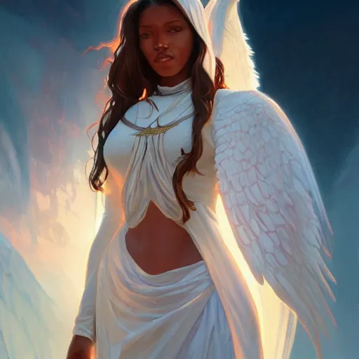 Image similar to a female angel of mercy, brown skinned, sumerian, D&D, highly detailed, digital painting, artstation, concept art, sharp focus, illustration, cinematic lighting, art by artgerm and greg rutkowski and alphonse mucha