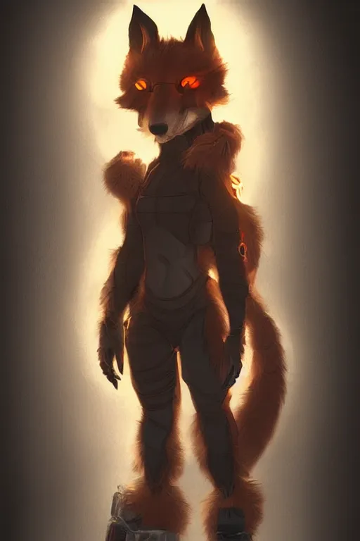 Image similar to an anthropomorphic cyberpunk fox with a fluffy tail, backlighting, trending on artstation, digital art, furry art, trending on furaffinity, fantasy art, by kawacy