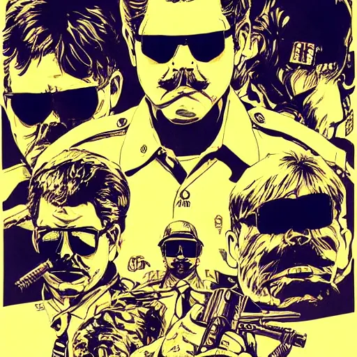 Prompt: super troopers movie poster, concept art, sumi - e style, intricate linework, artstation, trending, highly detailed, smooth, focus, art by yoji shinkawa,
