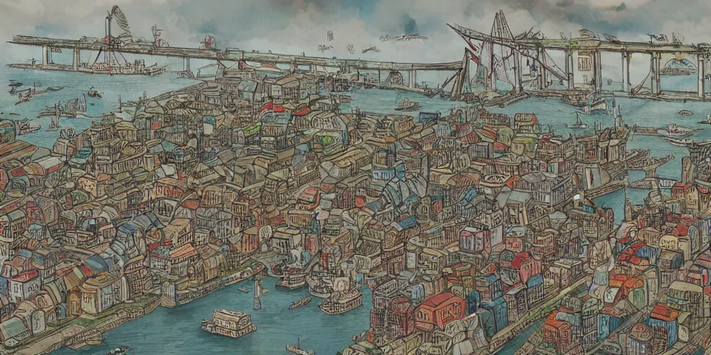 Prompt: Illustration, huge ancient fantasy city on a sky high bridge, bridge city, tall bridge with city on top, house's and shops and buildings, a huge bazaar, lots of clearance for big ships with sails to go under the bridge, port areas to load and unload goods, cross between great wall of China and London bridge, really long, all buildings on bridge