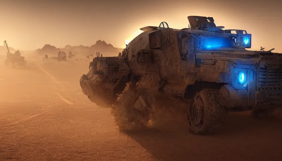 Image similar to an image of an armored vehicle in the desert with blue headlights on by Paul Chadeisson, atmospherical, concept art, high detail, intimidating , cinematic, sun flare, dust storm , Artstation trending, octane render