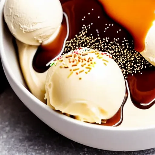 Image similar to closeup of a bowl with three balls of vanilla ice cream covered with caramel sauce and sprinkles. Simplistic.