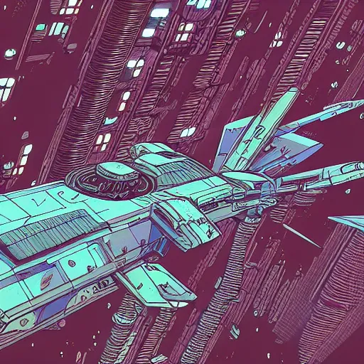 Prompt: painting of a cyberpunk spaceship by Laurie Greasley, hyperdetailed, trending on Artstation