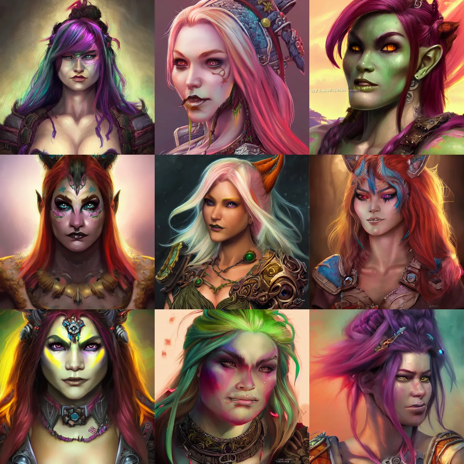 Prompt: beautiful orc girl with multicolored hair character world of warcraft portrait, concept art, intricate details, highly detailed photorealistic portrait in the style of adam hughes, seseon yoon, artgerm and warren louw