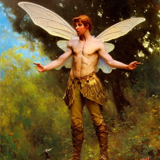 Image similar to attractive male fairy with wings in the forest, posing. highly detailed painting by gaston bussiere, craig mullins, j. c. leyendecker, 8 k