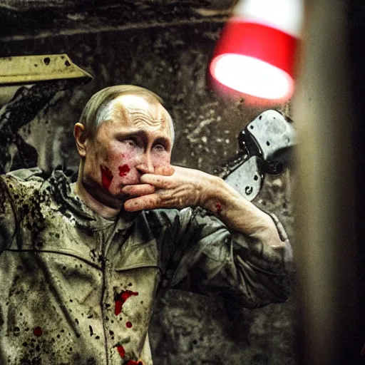 Image similar to putin with a chainsaw. in a concrete bunker with a pile of corpses. focus on putins face with blood splatters. canon eos r 3, f / 1. 4, iso 1 6 0 0, 1 / 8 0 s, 8 k, raw, grainy