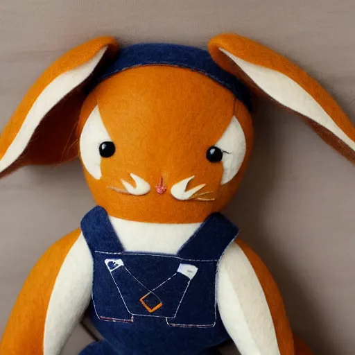 Image similar to a cute elegant felt plush doll of a rabbit wearing overalls detailed highly realistic