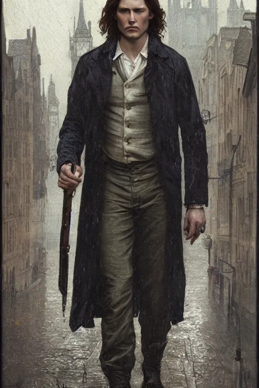 Image similar to a detailed matte portrait of sam winchester in a supernatural sherlock holmes story, 1 8 th century london in the rain, city streets, ominous, masterpiece, 8 k, art by alphonse mucha and greg rutkowski