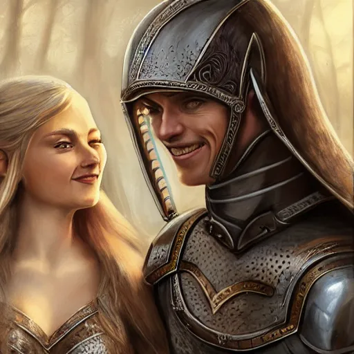 Prompt: portrait of a human knight with his elven wife smiling, fantasy, medieval, sharp focus, realistic, concept art, trending, high detail, elegant woman, intricate facial detail, masterpiece, high resolution, man, woman