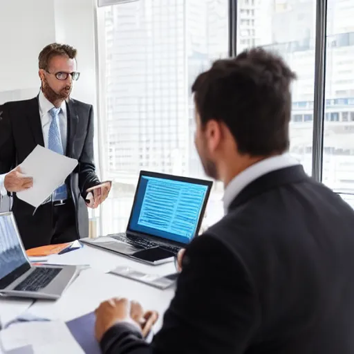 Image similar to photo of a businessman pitching his portfolio to a table of other businessmen