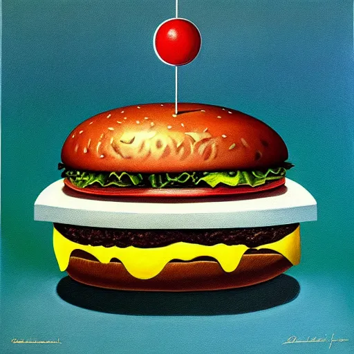 Image similar to painting of a burger with a mouth in the style of beksinski