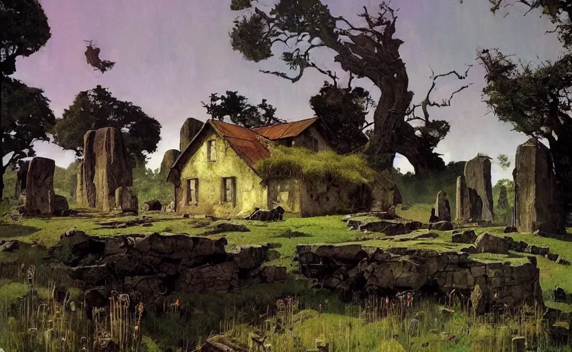 Prompt: a scene of an overgrown farmhouse in an open field surrounded by ancient monoliths. highly detailed science fiction painting by norman rockwell, frank frazetta, and syd mead. rich colors, high contrast, gloomy atmosphere, dark background. trending on artstation