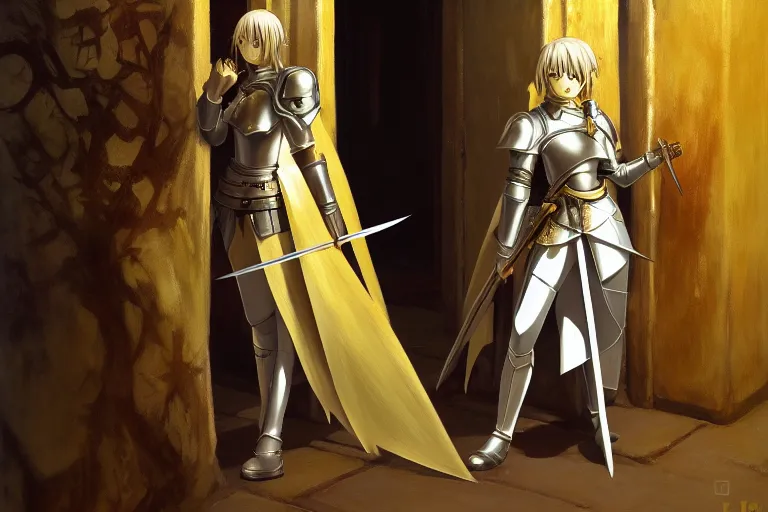 Image similar to anime key visual of young female fantasy knight, shoulder length brown hair shining detailed platinum and gold trim armor, wielding two bloody daggers, standing in the doorway of an ancient stone silver monastery, style of jamie wyeth james gilleard edward hopper greg rutkowski acrylic painting, preserved museum piece, historical