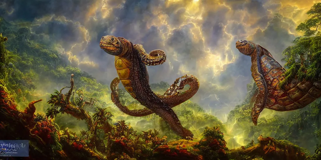 Prompt: fantasy oil painting, great leviathan, turtle cephalopod terrapin reptilian pachyderm amphibian hybrid, rainforest mountains, lush plants flowers, epic natural light, bright clouds, luminous sky, aircraft, outer worlds, bright cinematic key lighting, michael cheval, michael whelan, vray, 8 k hd