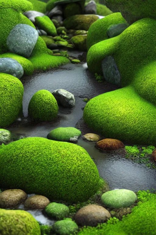 Image similar to hyper realistic render of a heavenly garden of peace, eden filled with trees, stone slab, colourful flowers, moss, ferns, a girl meditating at a distance, small stream or puddles, birds, trending on artstation, volumetric lighting, hyper realistic, hyper detailed, high quality render, blender guru,