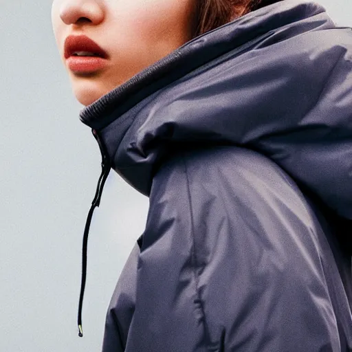 Prompt: realistic photoshooting for a new nike lookbook color film photography close up portrait of a beautiful woman model, model wears a puffer jacket, photo in style of tyler mitchell, ssense