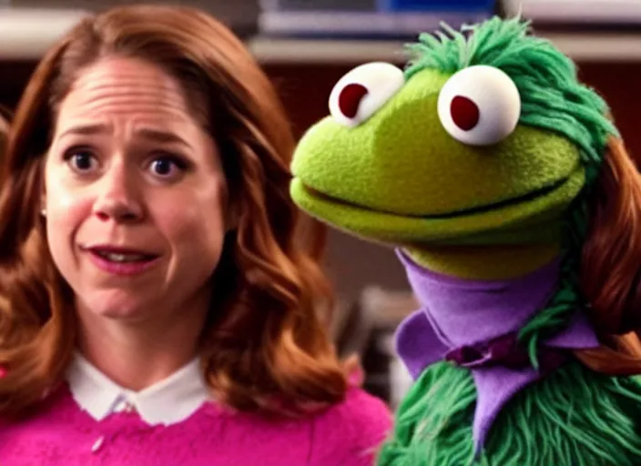 Image similar to film still of muppet!!!!! pam beesly!!!! as a muppet muppet muppet as a muppet in the tv show the muppet office