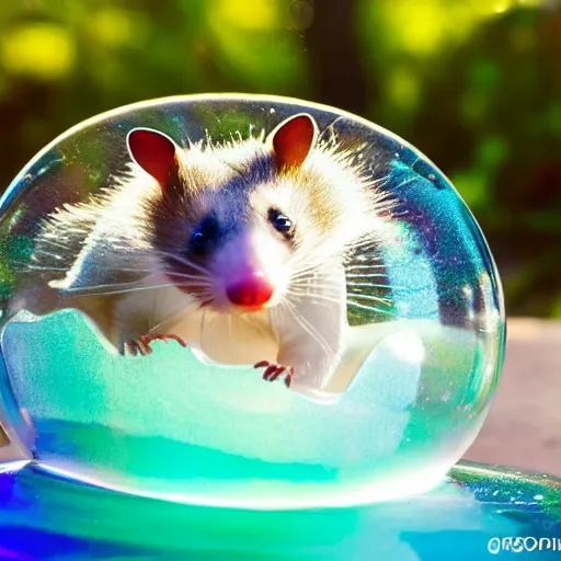 Prompt: an adorable baby opossum floating inside a giant iridescent soap bubble, backyard golden hour, national geographic style