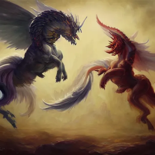 Image similar to Powerful battle between mythical creatures painted by Astri lohne