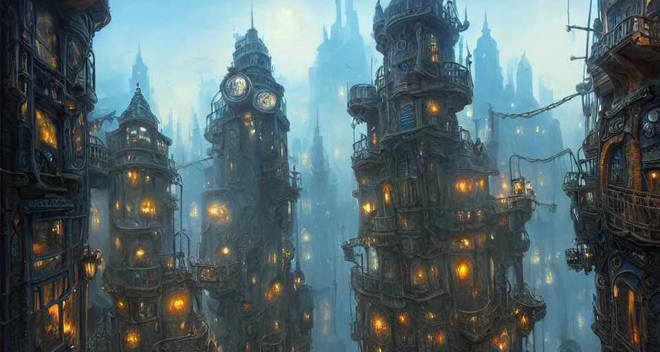 Prompt: landscape painting of fantasy metal steampunk city that has a light blue glow with walkways and lit windows and you can very clearly see a fine detailed very visible and clearly defined hooded thieves in browns leathers climbing one of the tall buildings using a rope, fine details, magali villeneuve, artgerm, rutkowski