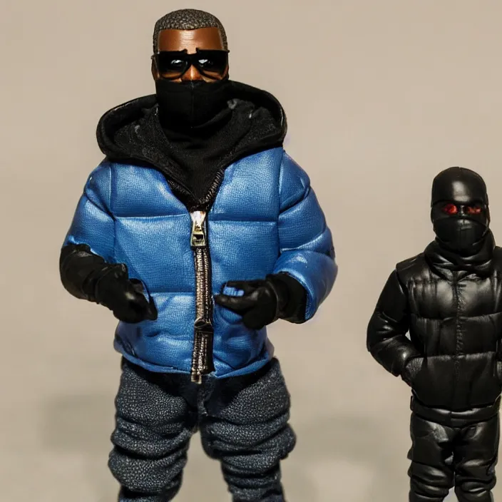 Image similar to a action figure of kanye west using a full face covering black mask, a small, tight, undersized reflective bright blue round puffer jacket made of nylon, dark jeans pants and big black balenciaga rubber boots, figurine, detailed product photo